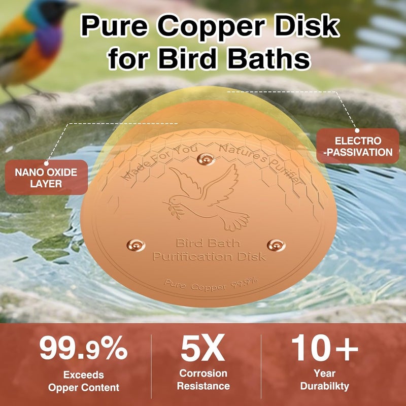 HIGHYEAH Bird Bath Copper Disc- Reinforced 99.99% Pure Copper Bird Bath Purification Basin with Three-Point Support Providing Physically Safe Clean Water Suitable for Outdoor Bird Baths - Image 4